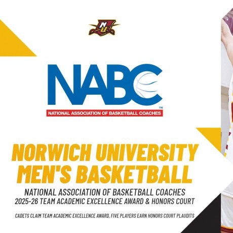Graphic with NABC logo and text announcing Norwich University men's basketball 2025-26 Team Academic Excellence Award and Honors Court.