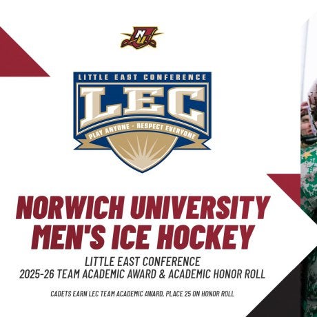 Graphic announces Norwich University women's ice hockey earned the 2025-26 Little East Conference Team Academic Award and Academic Honor Roll.