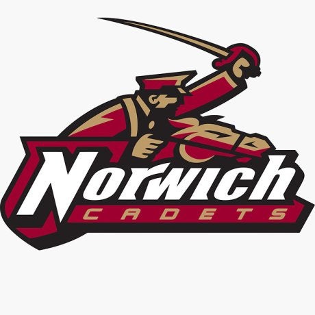 Norwich Cadets logo with a mounted rider raising a saber above the word "Norwich" and "Cadets" below on a gold background.
