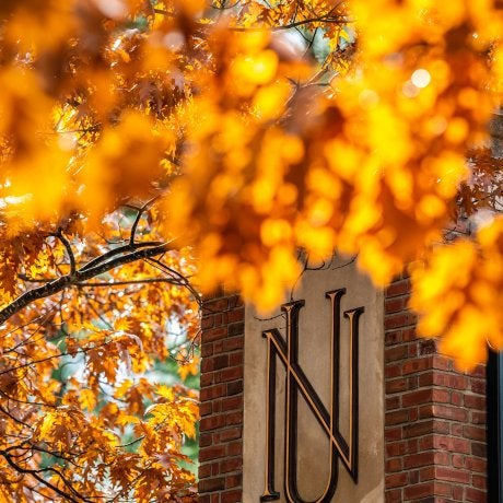 NU entrance in Fall with colored leaves