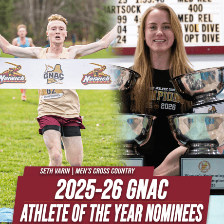 Composite graphic of a cross country runner and swimmer with trophies above text, “2025-26 GNAC Athlete of the Year Nominees.”