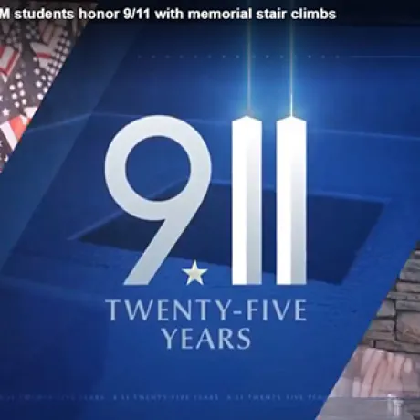 Graphic marking 25 years since 9/11 with large white "9/11" text on a blue background.