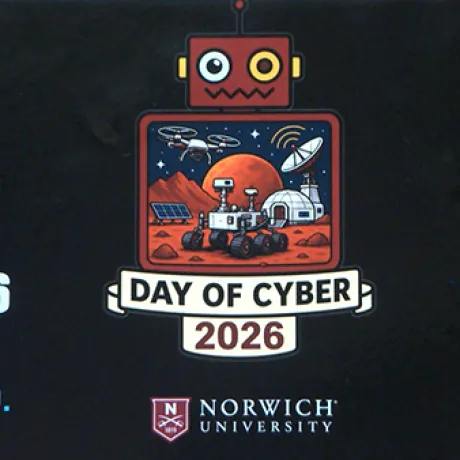 Norwich University Day of Cyber 2026 graphic features a robot, Mars rover, drone, satellite dish, and space habitat.