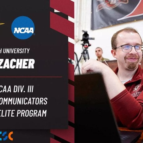 A person in a red Norwich Athletics jacket sits beside an NCAA Division III Communicators Elite Program graphic.