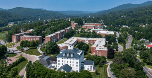 Aerial photo of Norwich University campus in the Green Mountains.