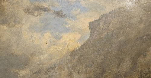 Upper portion of Samuel Gerry's painting shows the Old Man of the Mountain profile beneath a cloudy sky