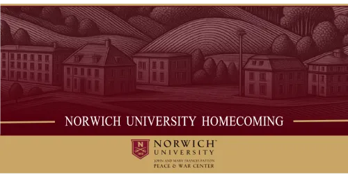 Line-drawing graphic of buildings in maroon color and background hue. "Norwich University Homecoming" written at graphic bottom. Below Norwich shield logo and text "John and Mary Frances Patton Peace & War Center"