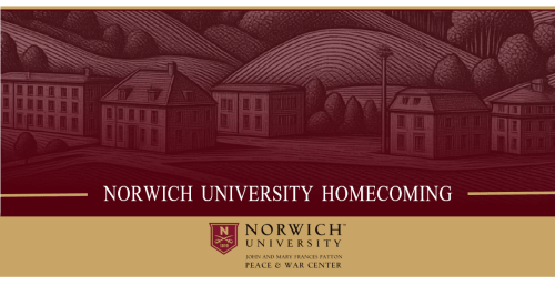 Line-drawing graphic of buildings in maroon color and background hue. "Norwich University Homecoming" written at graphic bottom. Below Norwich shield logo and text "John and Mary Frances Patton Peace & War Center"
