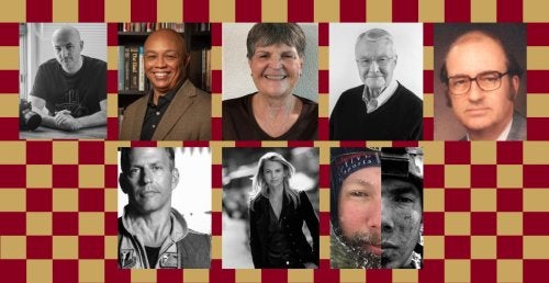 Gold and maroon checkered background with men and women photos in the foreground