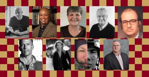 Nine portraits over a checkerboard background