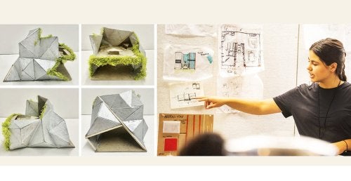 Student points to architectural sketches beside four views of a model covered with greenery.