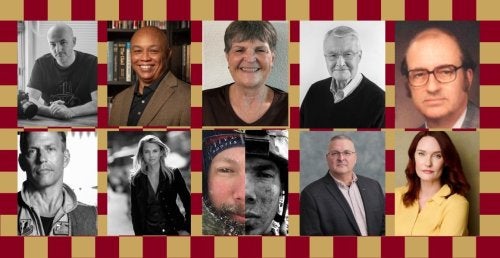 Portraits of men and women on a gold and maroon checkered background
