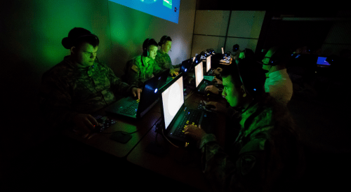 Norwich student practicing a tactical simulation in the computer lab.