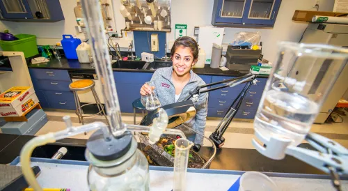Norwich student surrounded by lab.