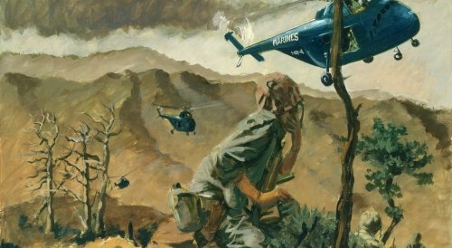 Painting of USMC soldier and helicopter in battle zone