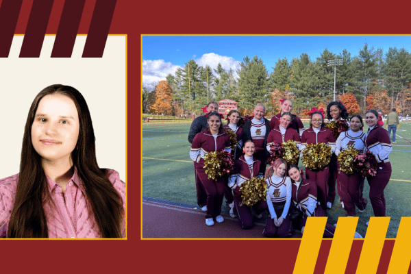 Senior student portrait next to cheer squad