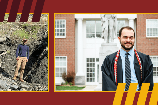 Engineering student on site and in cap and gown post ceremony