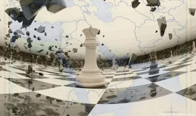 Chess board featuring white queen piece with black pieces shattering in the air around the queen with Middle East map overlaid on the chess board.