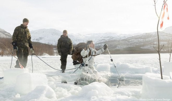 Two soldiers in black and green uniform watching another soldier in white and grey uniform jump into a hole in the ice.