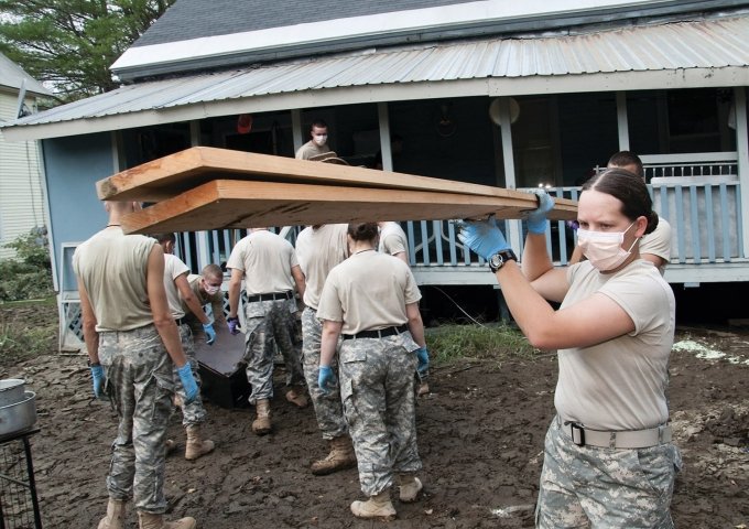 Students from Norwich University’s Corps of Cadets cleaned out Northfield, Vermont, homes after Tropical Storm Irene in August 2011