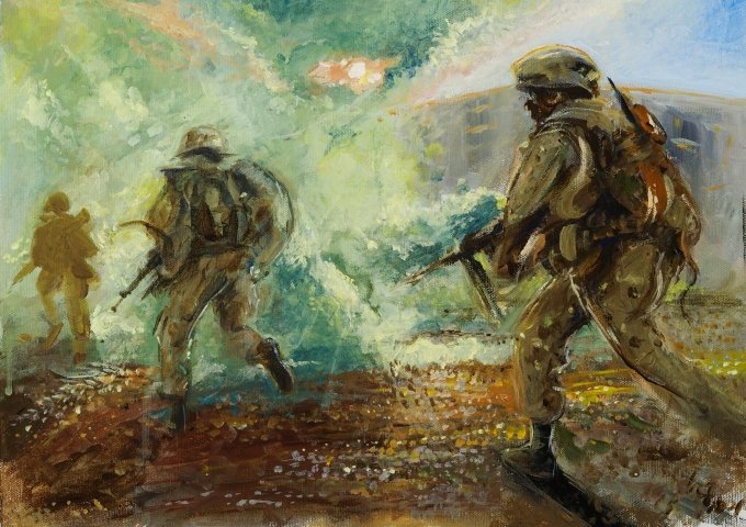 Painting of soldiers in action through a green haze