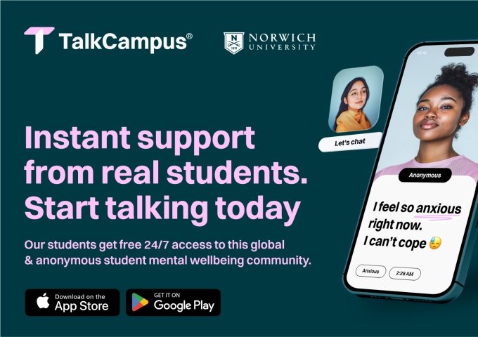 TalkCampus by Norwich University offers 24/7 anonymous mental health support from real students via a mobile app, with download links and a QR code."