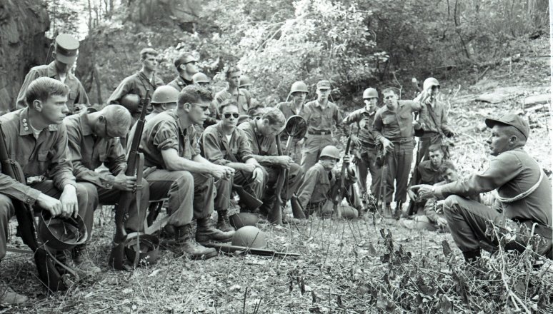 Black and white photo of Norwich University's Mountain Cold Weather company from 1968.