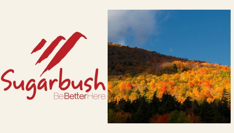Sugarbush logo. At right: "A Mountain of Color" by Rob Shenk is licensed under CC BY-SA 2.0. To view a copy of this license, visit https://creativecommons.org/licenses/by-sa/2.0/?ref=openverse.