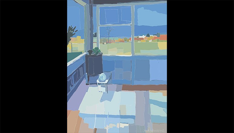 abstract painting of beach cottage from interior, looking outside