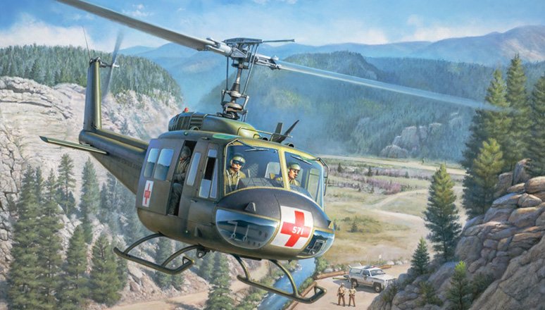 Art rendition of military medical helicopter over rocky outcropping 