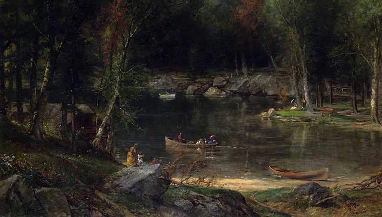 painting of dark water scene with two small boats and stark trees