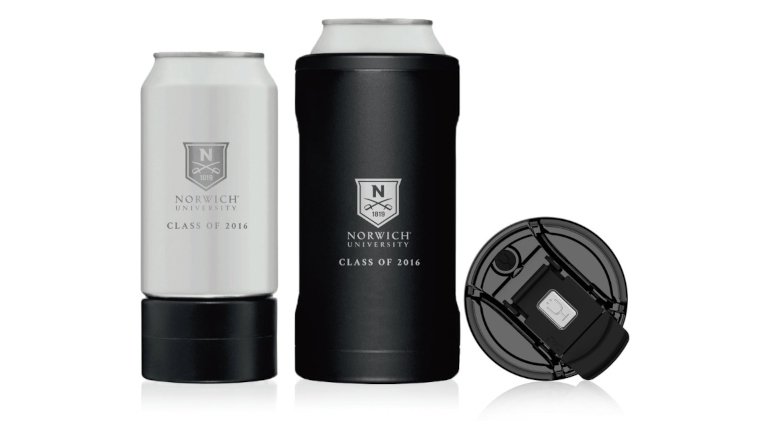 From left, a 12oz. can, a black container for the can, and a container lid. The can and container show a Norwich shield logo and "Norwich University Class of 2016" text.