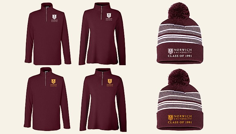 assorted maroon 1/4 zip shirts and winter hats, all include a Norwich University Class of 1991 logo
