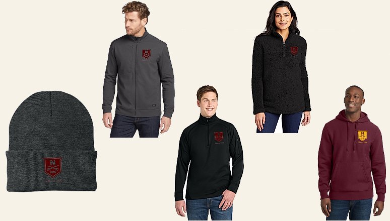 A number of men and a woman wearing black fleece tops sporting a Norwich Class of 1996 logo. There is also a watch cap with logo lower left.