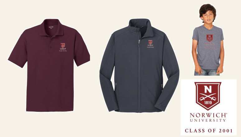 Left - right: maroon polo shirt, grey soft shell jacket, youth t-shirt, all include the Norwich shield Class of 2001 logo.