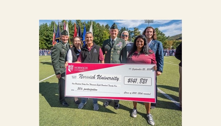 A group of individuals stand surrounding a large check sign, symbolizing the class reunion gift from the NU Class of 2001 (at Homecoming 2021.)