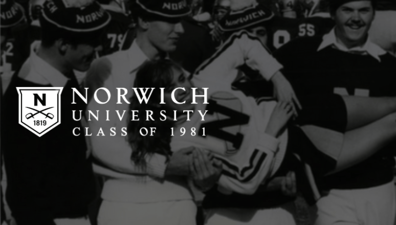 A black white image of a gathering of individuals holding a cheerleader, her body parallel to the ground. Superimposed are a Norwich shield logo and the words: Norwich University Class of 1981.