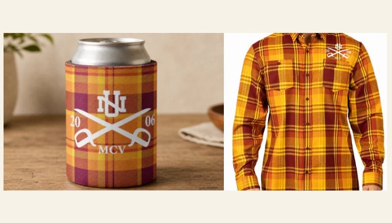 left, NU 20 06 MCV upon flannel patterned (maroon & red) can cooler, at right, same pattern on flannel shirt with NU 2006 logo on upper right chest