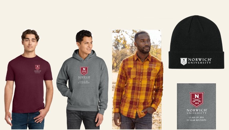 Left - right: individuals wearing a maroon t-shirt, a grey hoodie, a plaid yellow-red flannel shirt. And, alone,  a black beanie cap all include the Norwich shield Class of 2011 logo (at lower right with grey background.)