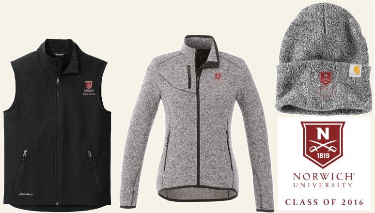 Left - right: Deep Black Soft Shell Vest, Heather Grey Knit Jacket, Black/White Watch Cap, all include the Norwich shield Class of 2016 logo.