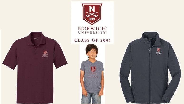 Left - right: maroon polo shirt, youth t-shirt, grey soft shell jacket, all include the Norwich shield Class of 2001 logo.