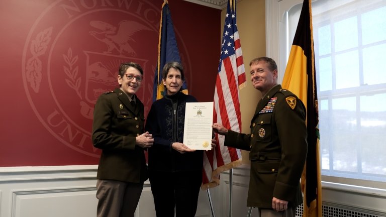 Representative Anne Donahue (Northfield), Provost & Dean of the Faculty, and Acting President Dr. Karen Gaines, and 56th Commandant of Cadets and Vice President of Student Affairs Bill McCollough ’91 
