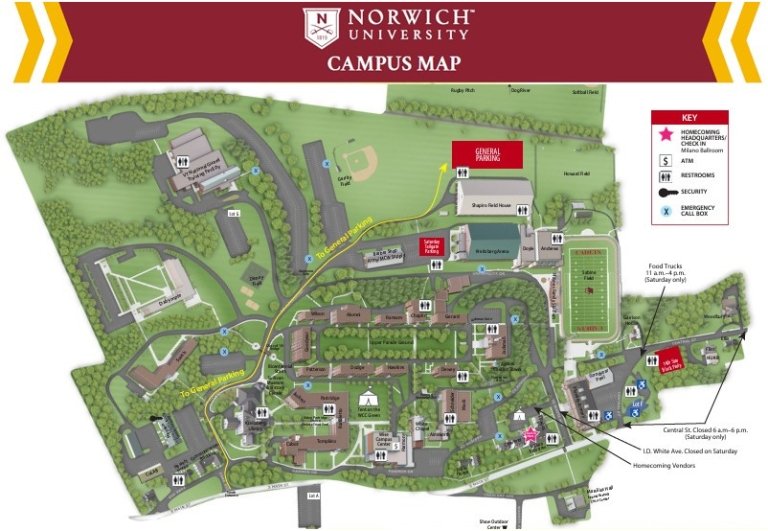 Norwich Campus Map - Homecoming Event Areas & Parking
