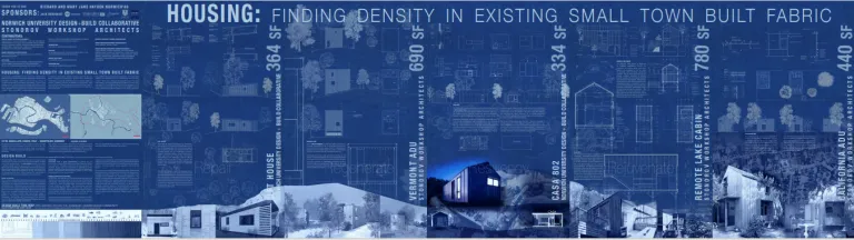 Banner image titled 'HOUSING: FINDING DENSITY IN EXISTING SMALL TOWN BUILT FABRIC.' Includes various architectural drawings and plans in blue tones, with a highlighted image of a small illuminated house at night amidst snow-covered surroundings.