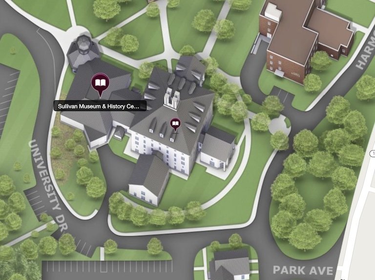 Image of the Norwich campus map centered on the Sullivan Museum and History Center