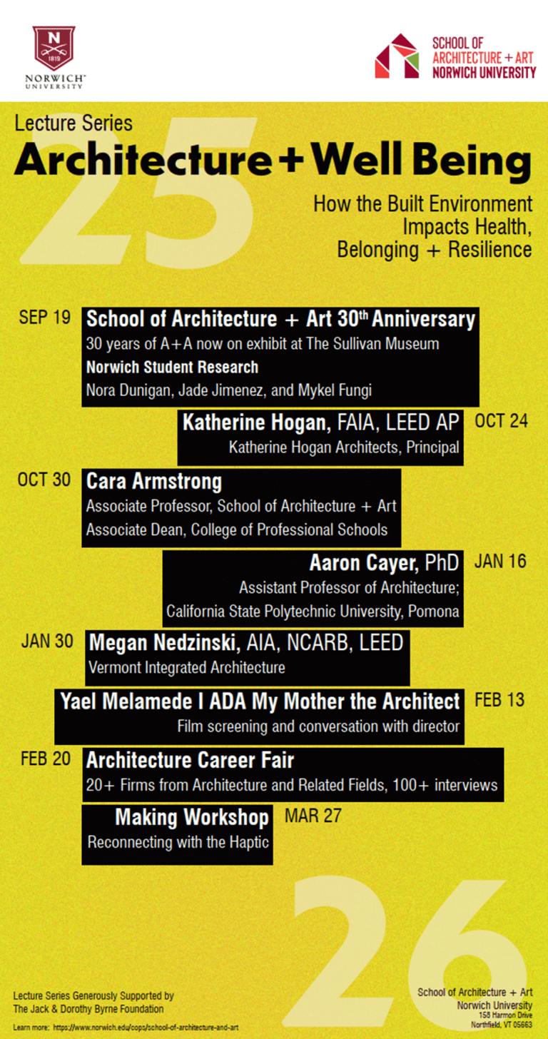 A branded, yellow poster outlining events and dates for School of Architecture + Art's events.