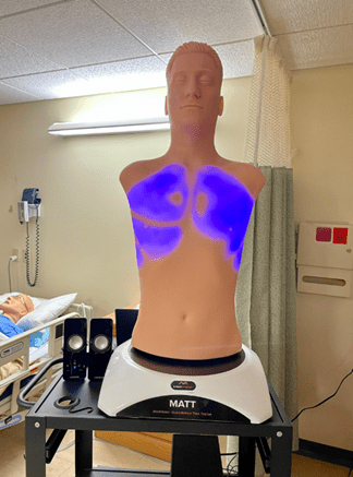 MATT, the MedVision Auscultation Task Trainer, lights up his anterior lung lobes where students can listen to 26 different normal and abnormal lung sounds during a respiratory assessment in the Clinical Simulation Lab.  