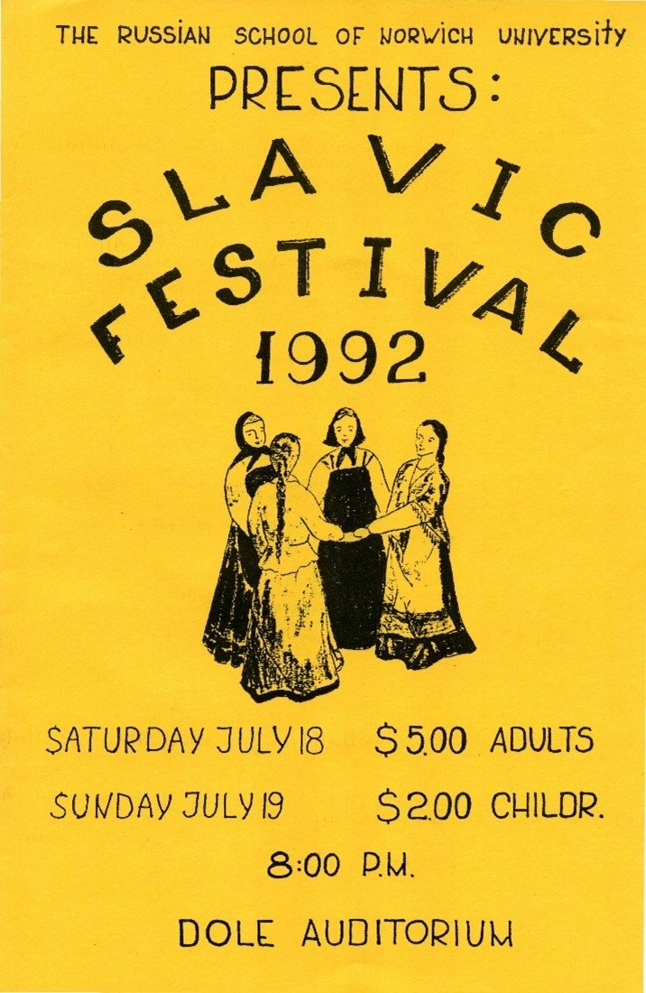 A yellow poster promoting the Slavic Festival of 1992. The arched text "Slavic Festival" is above 1992, with an illustration of a few women. Below, dates and times are listed with a location for celebrations.