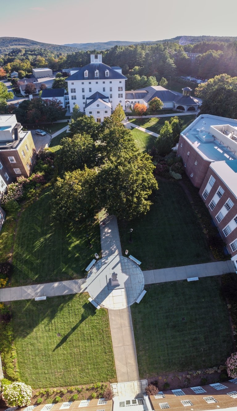 A top-down drone shot of the campus above the U-Building.