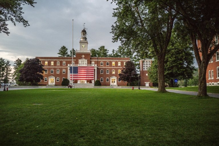 A shot of Jackman Hall during the evening.